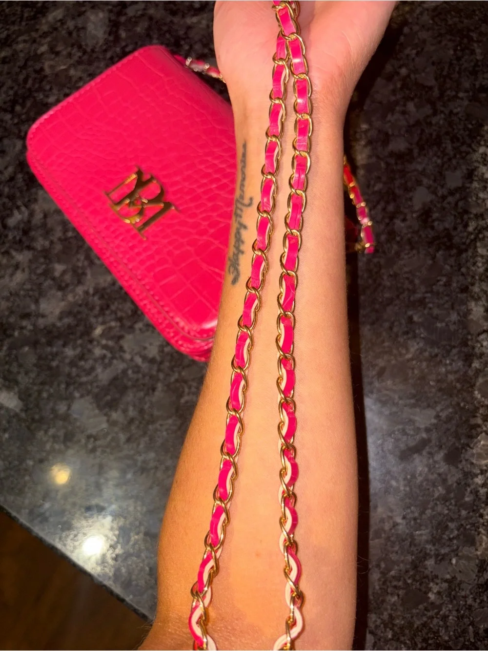Badgley Mischka Pink Croc-Embossed Chain Crossbody with Gold Logo